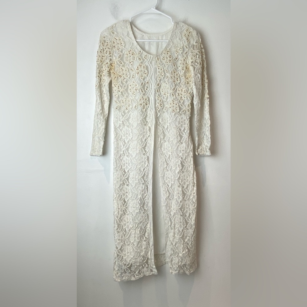 Vintage Wedding Long Sleeve Beaded Lace White Sheath Dress